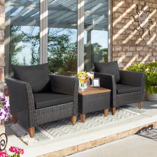 3 Pieces Patio Rattan Bistro Furniture Set with Wooden Table Top-Black at Set Shop and Smile
