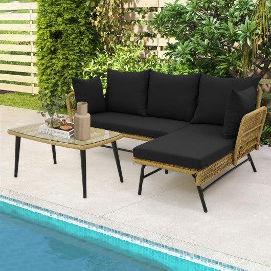 3 Pieces L-Shaped Patio Sofa with Cushions and Tempered Glass Table-Black at Set Shop and Smile