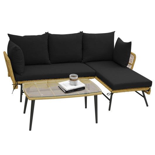 3 Pieces L-Shaped Patio Sofa with Cushions and Tempered Glass Table-Black at Set Shop and Smile
