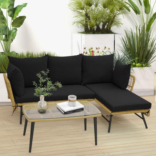 3 Pieces L-Shaped Patio Sofa with Cushions and Tempered Glass Table-Black at Set Shop and Smile