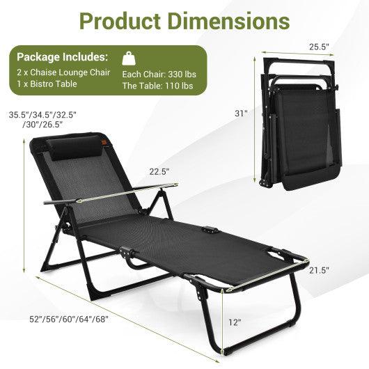 3 Pieces Patio Folding Chaise Lounge Set with PVC Tabletop-Black at Set Shop and Smile