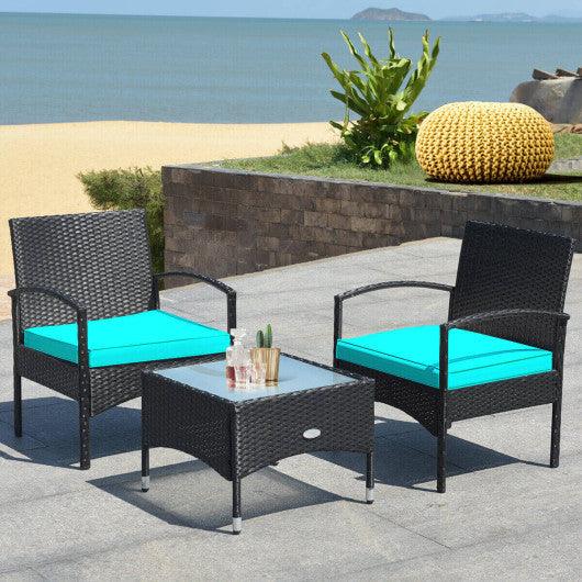 3 Pieces Patio Wicker Rattan Furniture Set with Cushion for Lawn Backyard-Turquoise at Set Shop and Smile