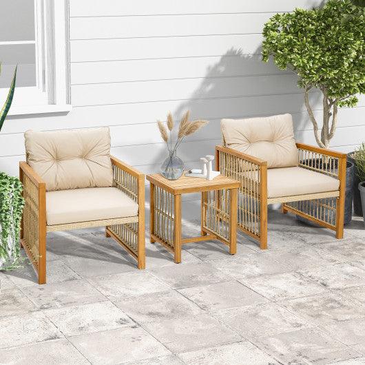 3 Pieces Patio PE Wicker Conversation Set with Acacia Wood Frame and Cushions-Beige at Set Shop and Smile