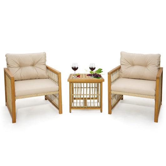 3 Pieces Patio PE Wicker Conversation Set with Acacia Wood Frame and Cushions-Beige at Set Shop and Smile