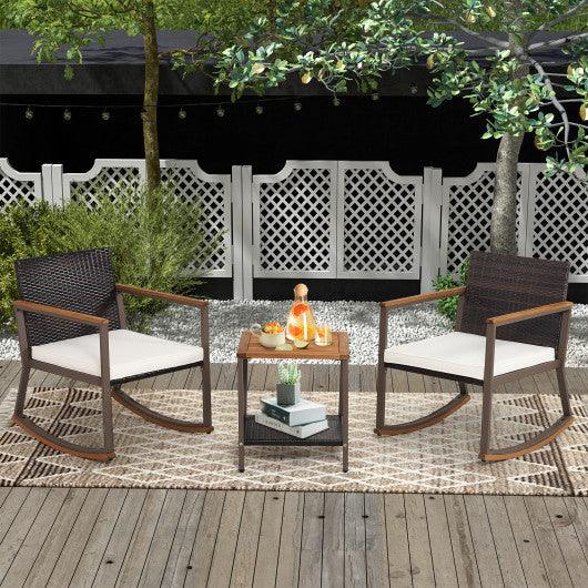 3 Pieces Rattan Rocking Bistro Set with Coffee Table and Cushions-Off White at Set Shop and Smile