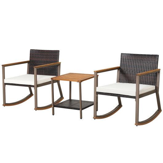 3 Pieces Rattan Rocking Bistro Set with Coffee Table and Cushions-Off White at Set Shop and Smile