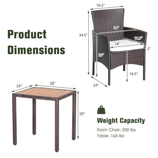 3 Pieces Patio Wicker Furniture Set wih Acacia Wood Table Top and Chair Cushiones at Set Shop and Smile