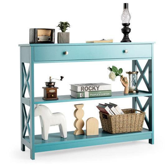 Console Table 3-Tier with Drawer and Storage Shelves-Turquoise at Set Shop and Smile