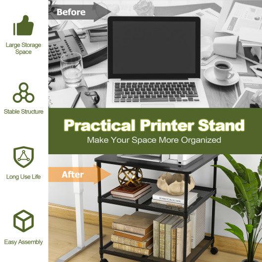 3 Tier Printer Stand Rolling Fax Cart with Adjustable Shelf and Swivel Wheels at Set Shop and Smile