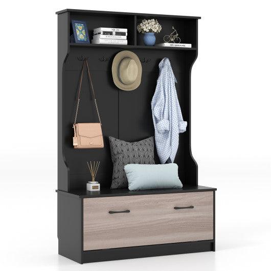 3 in 1 Coat Rack with Entryway Bench and Hooks and Enclosed Cabinet-Black at Set Shop and Smile