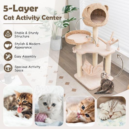 Multi-Level Cat Tree with Condo Hammock and Rotatable Hanging Balls-Natural at Set Shop and Smile