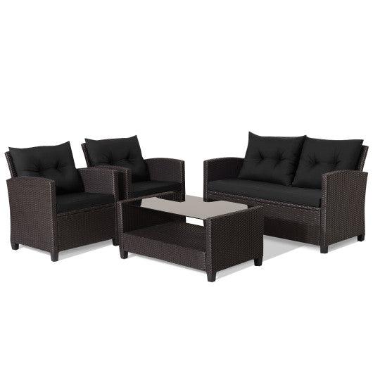 4 Pieces Patio Rattan Furniture Set with Tempered Glass Coffee Table-Black at Set Shop and Smile