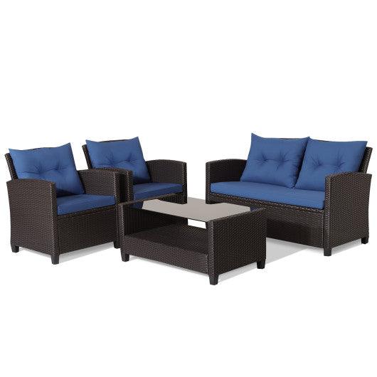 4 Pieces Patio Rattan Furniture Set with Tempered Glass Coffee Table-Navy at Set Shop and Smile