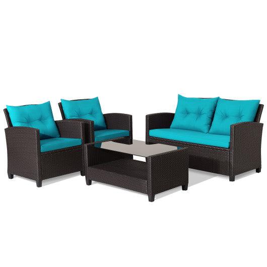 4 Pieces Patio Rattan Furniture Set with Tempered Glass Coffee Table-Turquoise at Set Shop and Smile