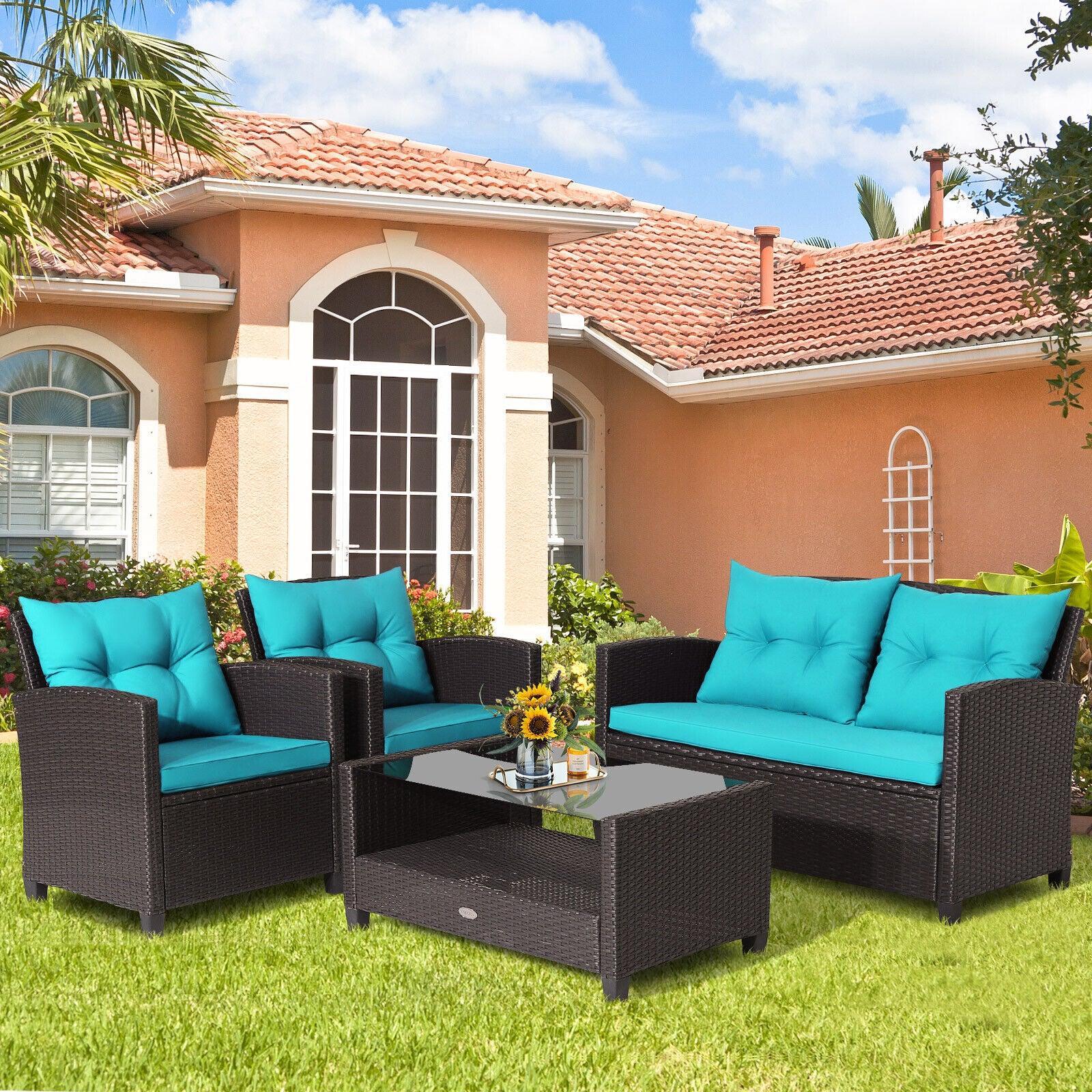 4 Pieces Patio Rattan Furniture Set with Tempered Glass Coffee Table-Turquoise at Set Shop and Smile