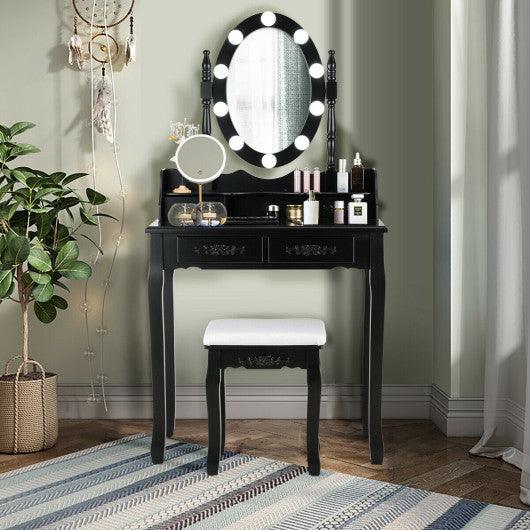 Makeup Dressing Table with Touch Switch Lighted Mirror and Cushioned Stool-Black at Set Shop and Smile
