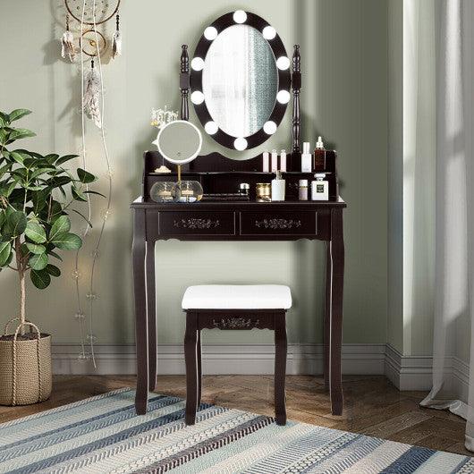 Makeup Dressing Table with Touch Switch Lighted Mirror and Cushioned Stool-Brown at Set Shop and Smile