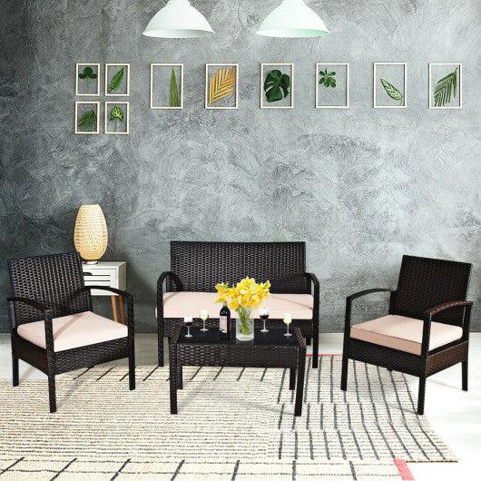 4 Pieces Patio Ratten Conversation Set with Loveseat Sofas and Coffee Table at Set Shop and Smile