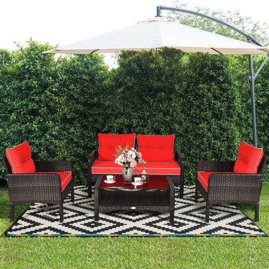 4 Pieces Outdoor Rattan Wicker Loveseat Furniture Set with Cushions-Red at Set Shop and Smile