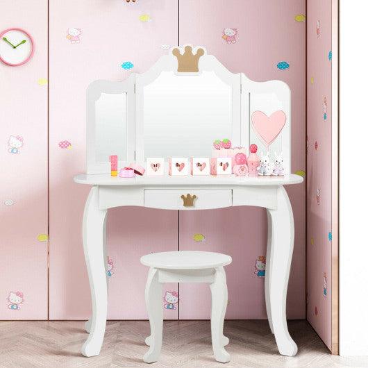Kids Makeup Dressing Table with Tri-folding Mirror and Stool-White at Set Shop and Smile