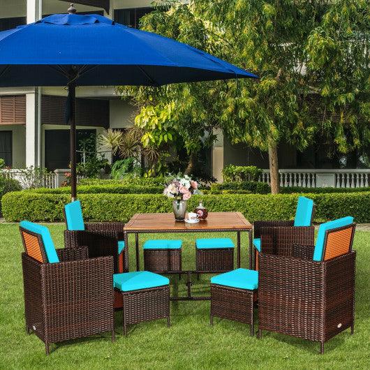 9 Pieces Patio Rattan Dining Cushioned Chairs Set-Turquoise at Set Shop and Smile