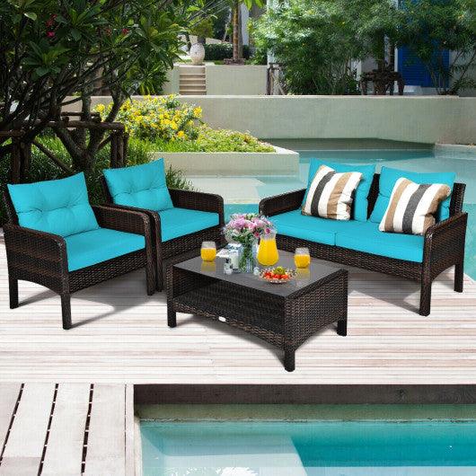 4 Pieces Outdoor Rattan Wicker Loveseat Furniture Set with Cushions-Turquoise at Set Shop and Smile