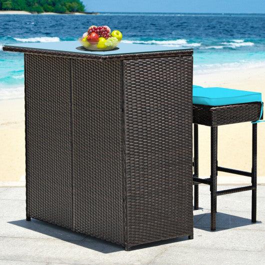 3PCS Patio Rattan Wicker Bar Table Stools Dining Set-Turquoise at Set Shop and Smile