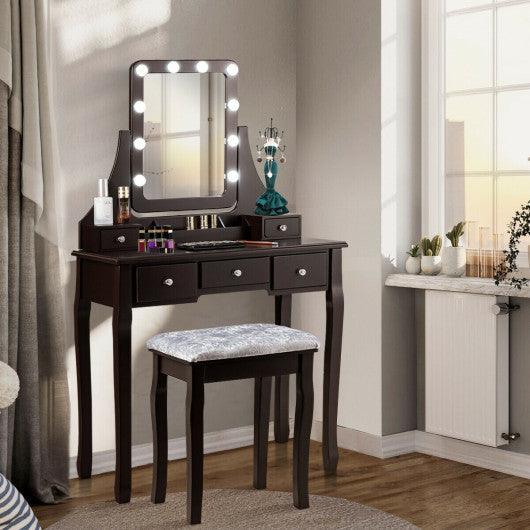Vanity Dressing Table Set with 10 Dimmable Bulbs and Cushioned Stool-Brown at Set Shop and Smile
