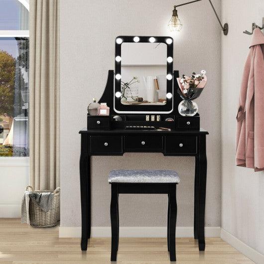 Vanity Dressing Table Set with 10 Dimmable Bulbs and Cushioned Stool-Black at Set Shop and Smile