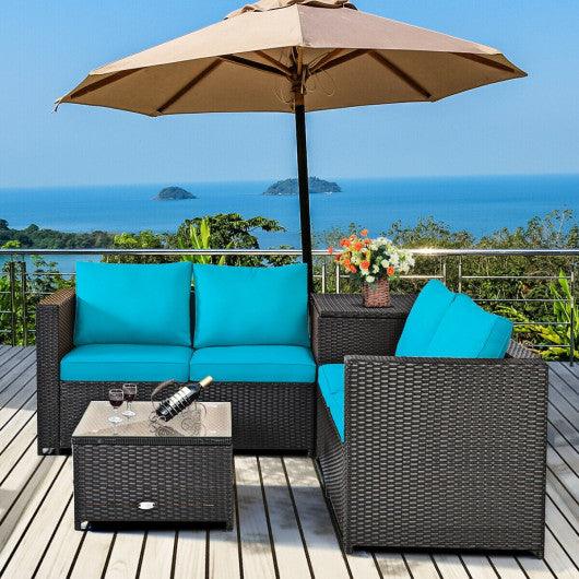4 Pieces Outdoor Patio Rattan Furniture Set with Cushioned Loveseat and Storage Box-Turquoise at Set Shop and Smile