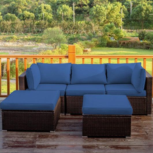 5 Pieces Patio Rattan Sofa Set with Cushion and Ottoman-Navy at Set Shop and Smile