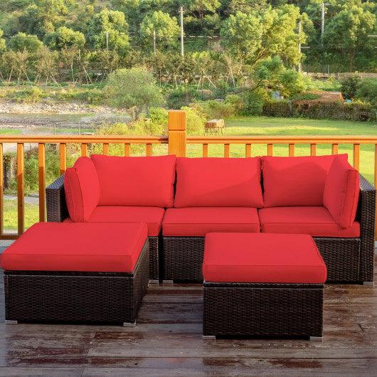 5 Pieces Patio Rattan Sofa Set with Cushion and Ottoman-Red at Set Shop and Smile