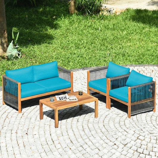 4 Pcs Acacia Wood Outdoor Patio Furniture Set with Cushions-Turquoise at Set Shop and Smile
