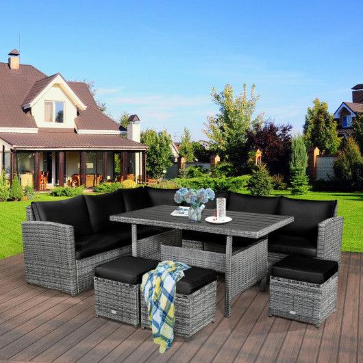7 Pieces Patio Rattan Dining Furniture Sectional Sofa Set with Wicker Ottoman-Black at Set Shop and Smile