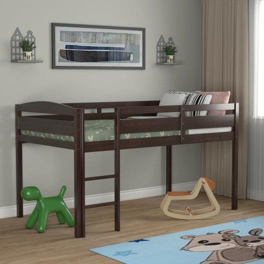 Wooden Twin Low Loft Bunk Bed with Guard Rail and Ladder-Espresso at Set Shop and Smile