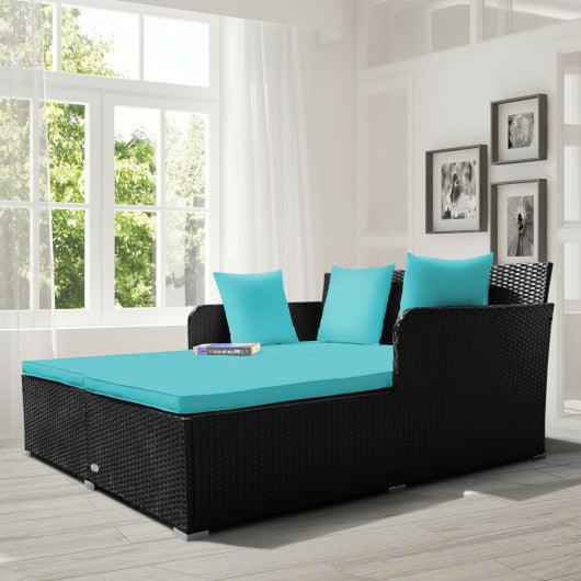 Spacious Outdoor Rattan Daybed with Upholstered Cushions and Pillows-Turquoise at Set Shop and Smile