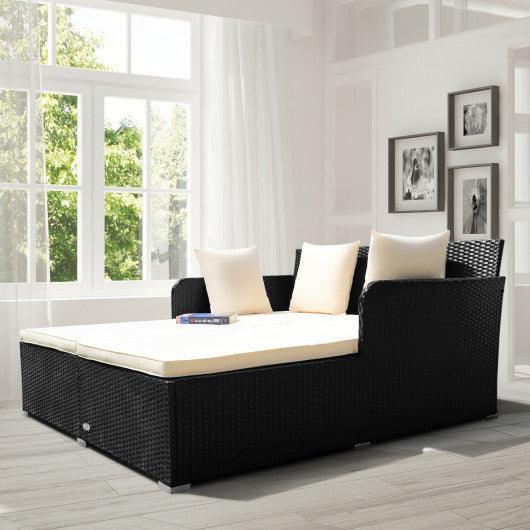 Spacious Outdoor Rattan Daybed with Upholstered Cushions and Pillows-White at Set Shop and Smile