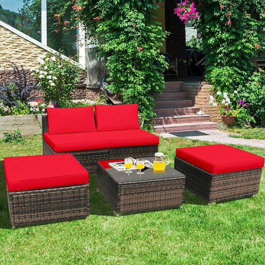 5 Pieces Patio Rattan Furniture Set with Cushioned Armless Sofa-Red at Set Shop and Smile