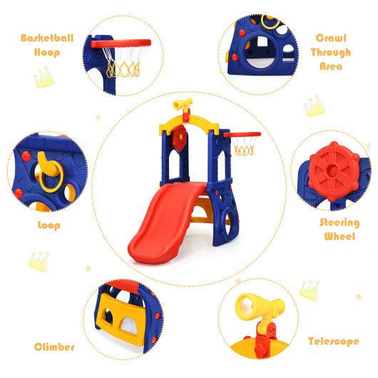 6-in-1 Freestanding Kids Slide with Basketball Hoop and Ring Toss at Set Shop and Smile