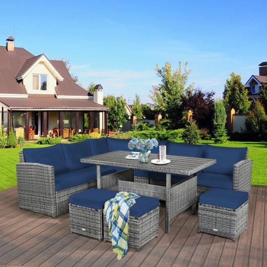 7 Pieces Patio Rattan Dining Furniture Sectional Sofa Set with Wicker Ottoman-Navy at Set Shop and Smile