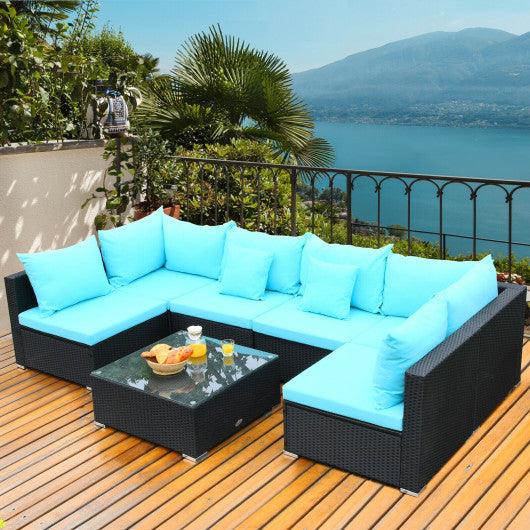 7-Piece Outdoor Sectional Wicker Patio Sofa Set with Tempered Glass Top-Blue at Set Shop and Smile