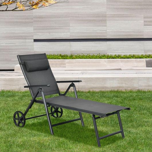 Patio Lounge Chair with Wheels Neck Pillow Aluminum Frame Adjustable-Gray at Set Shop and Smile