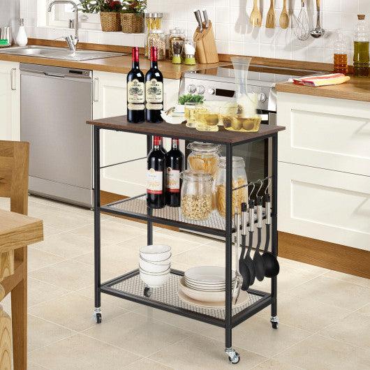 3-Tier Kitchen Serving Cart Utility Standing Microwave Rack with Hooks Brown at Set Shop and Smile