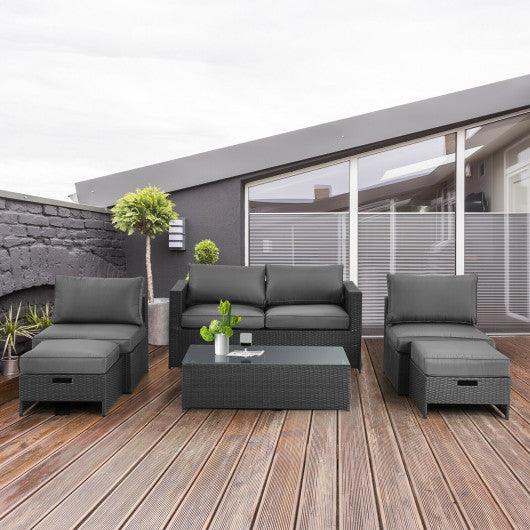 6 Pieces Patio Rattan Furniture Set with Glass Table and Cushioned Seat-Gray at Set Shop and Smile