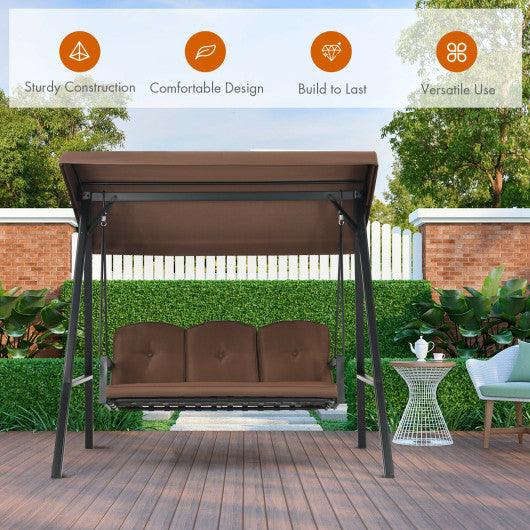 Outdoor 3-Seat Porch Swing with Adjust Canopy and Cushions-Coffee at Set Shop and Smile