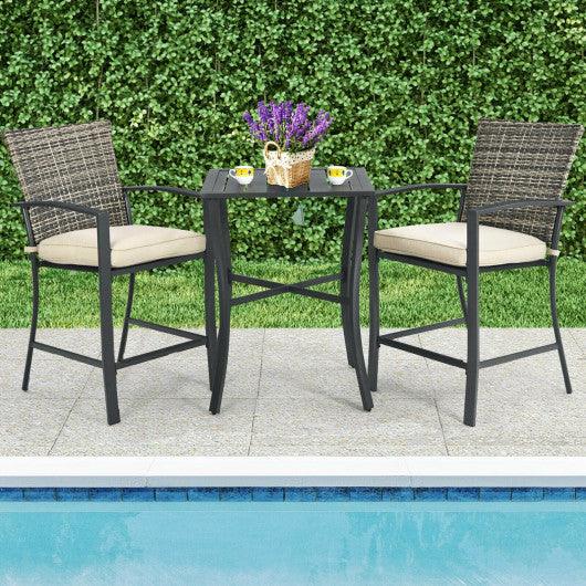 3 Pieces Patio Rattan Bar Furniture Set with Slat Table and 2 Cushioned Stools-Gray at Set Shop and Smile