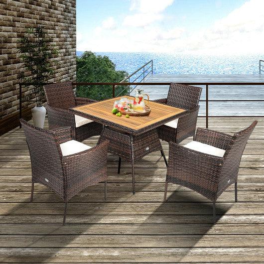 5 Pieces Patio Rattan Dining Furniture Set with Arm Chair and Wooden Table Top at Set Shop and Smile