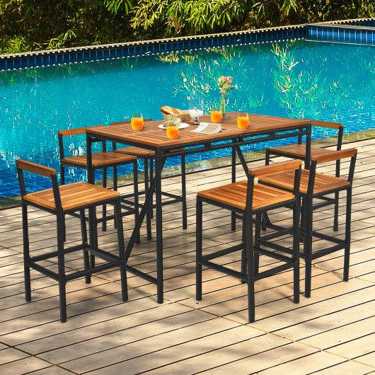 7 Pieces Acacia Wood Patio Rattan Bar Set with Umbrella Hole at Set Shop and Smile