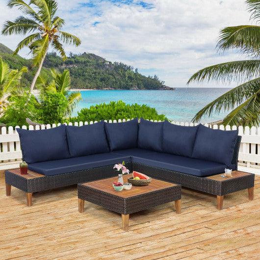 4 Pieces Patio Cushioned Rattan Furniture Set with Wooden Side Table-Navy at Set Shop and Smile