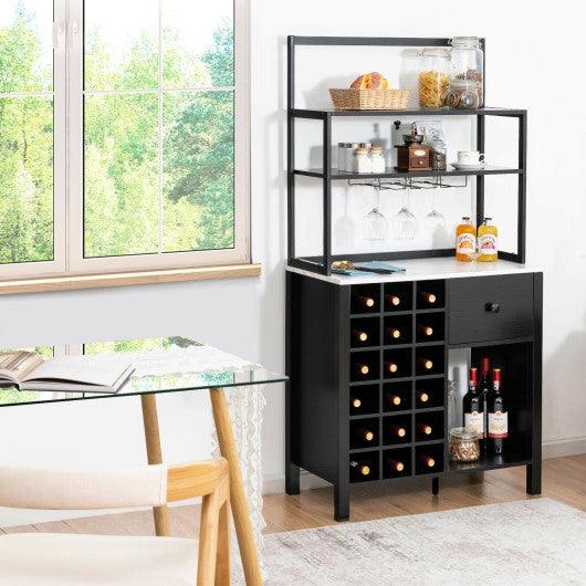 Kitchen Bakers Rack Freestanding Wine Rack Table with Glass Holder and Drawer-Black at Set Shop and Smile